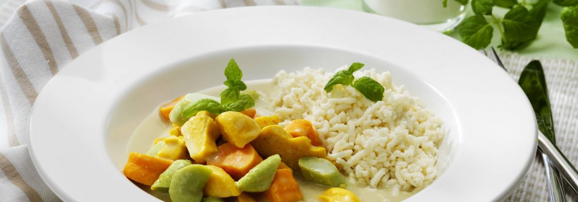 Rezeptidee Timbalino Gemüse in Kokos-Curry-Sauce mit Reis für die passierte Kost
