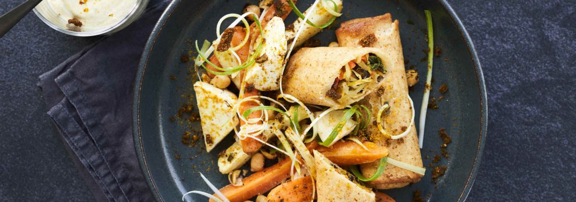 Rezeptidee Frühlingsrolle mit Ofengemüse und Curry-Dip Rezeptidee DALOON Frühlingsrolle mit Ofengemüse und Curry-Dip
